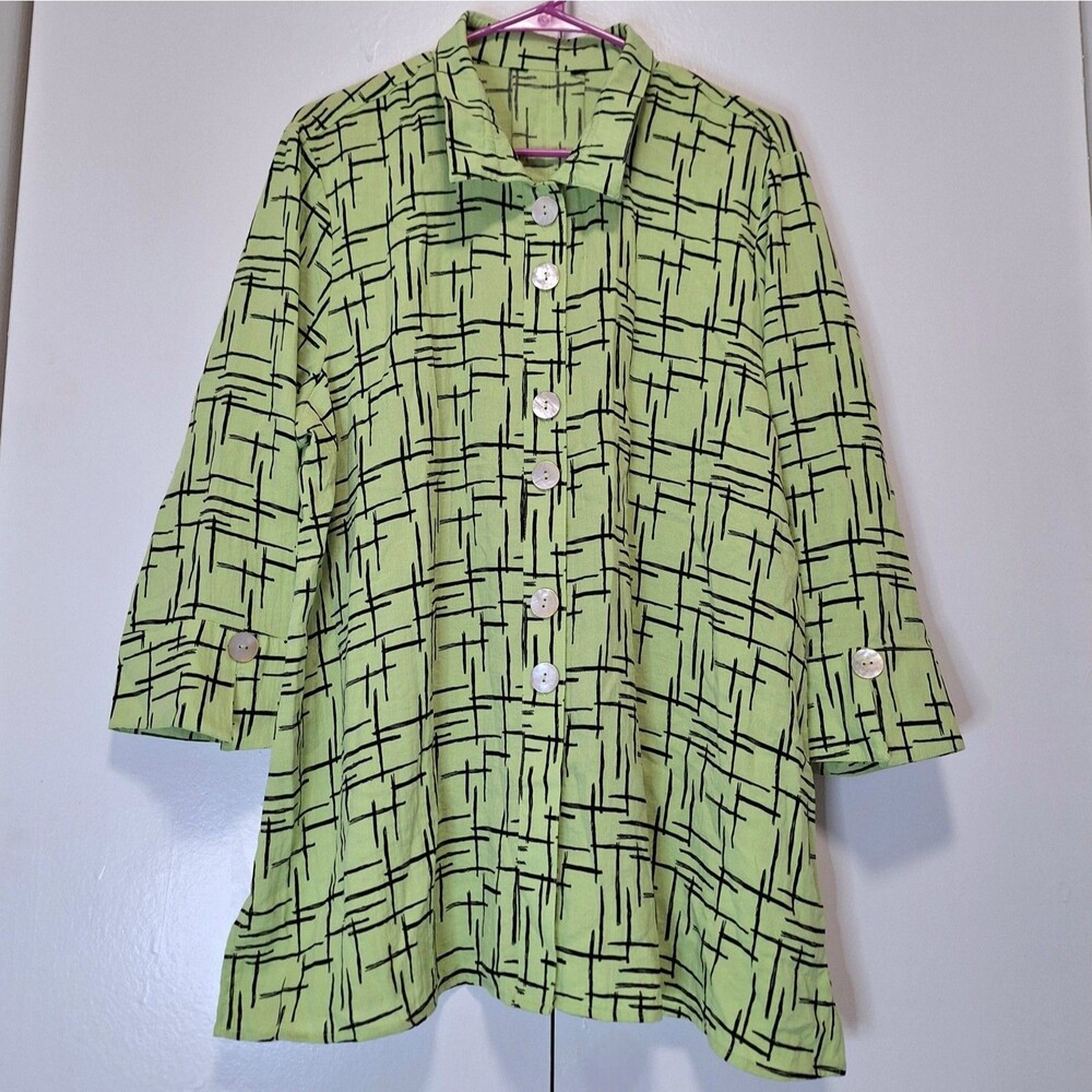 Ali Miles Womens XL Lime Green Black Abstract Grid Button Down Tunic Blouse 3/4
